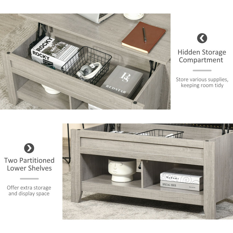 Lift Top Coffee Table with Hidden Storage Compartment and Open Shelves, Lift Tabletop Pop-Up Center Table for Living Room, Light Grey