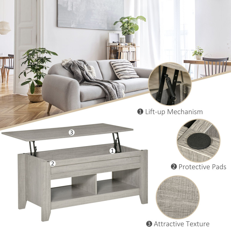 Lift Top Coffee Table with Hidden Storage Compartment and Open Shelves, Lift Tabletop Pop-Up Center Table for Living Room, Light Grey