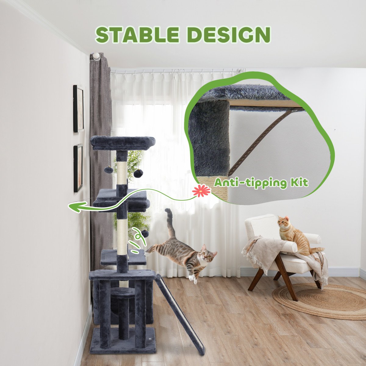 53" Cat Tree, Cat Tower with Scratching Posts, Cat Condo, Beds, Platforms, Toy Balls for Indoor Cats, Dark Grey