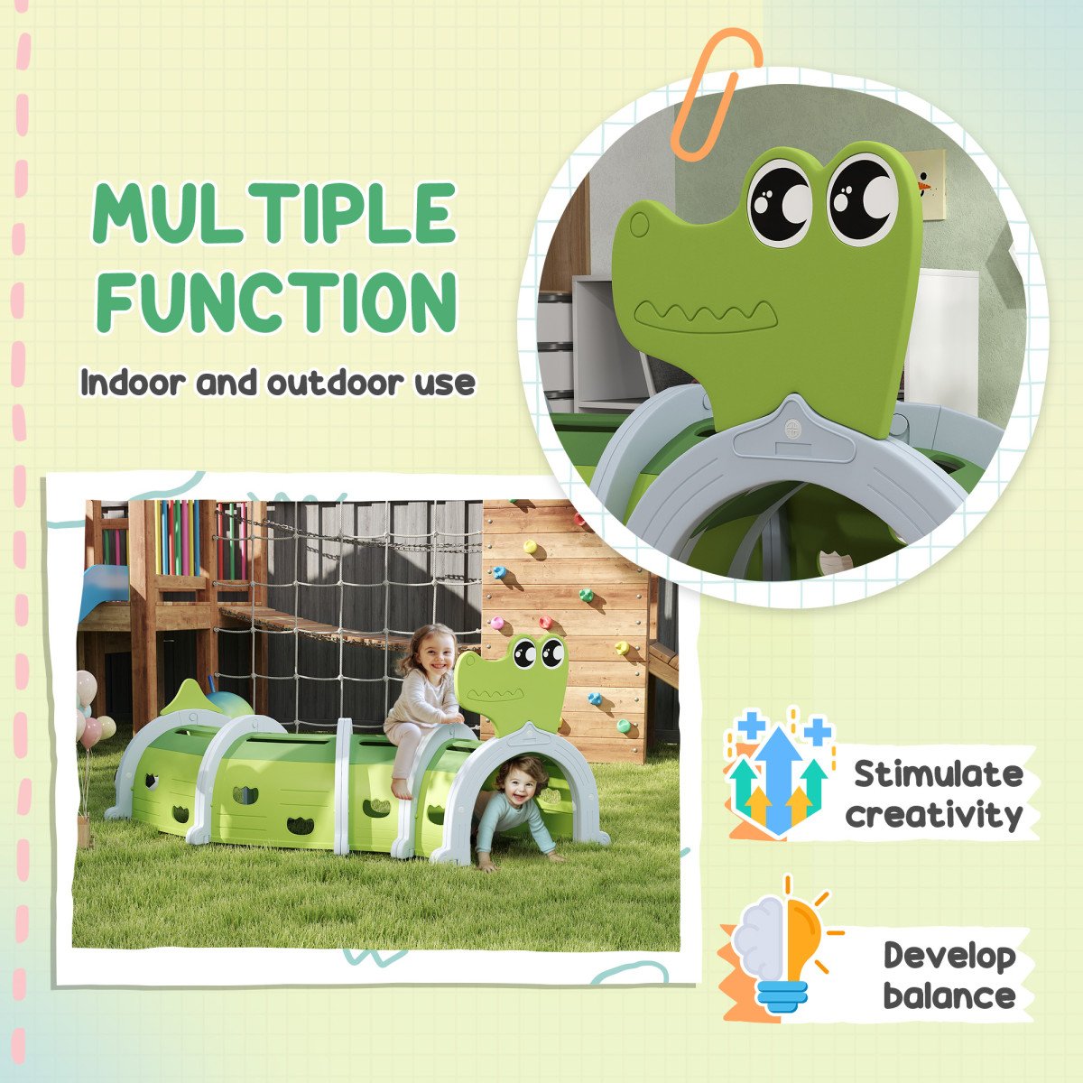 Qaba Crocodile Design Tunnel for Kids to Crawl Through, for 3-6 Years, Green