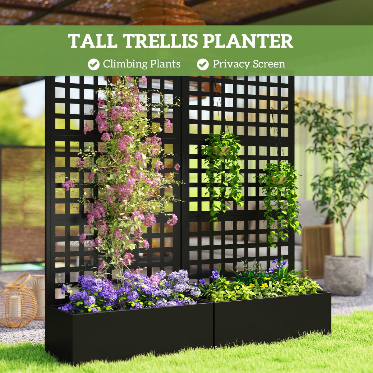 Galvanized Raised Garden Bed Planter Box with Trellis for Climbing Plants, Vegetable, Vines, 35" x 16" x 70", Black