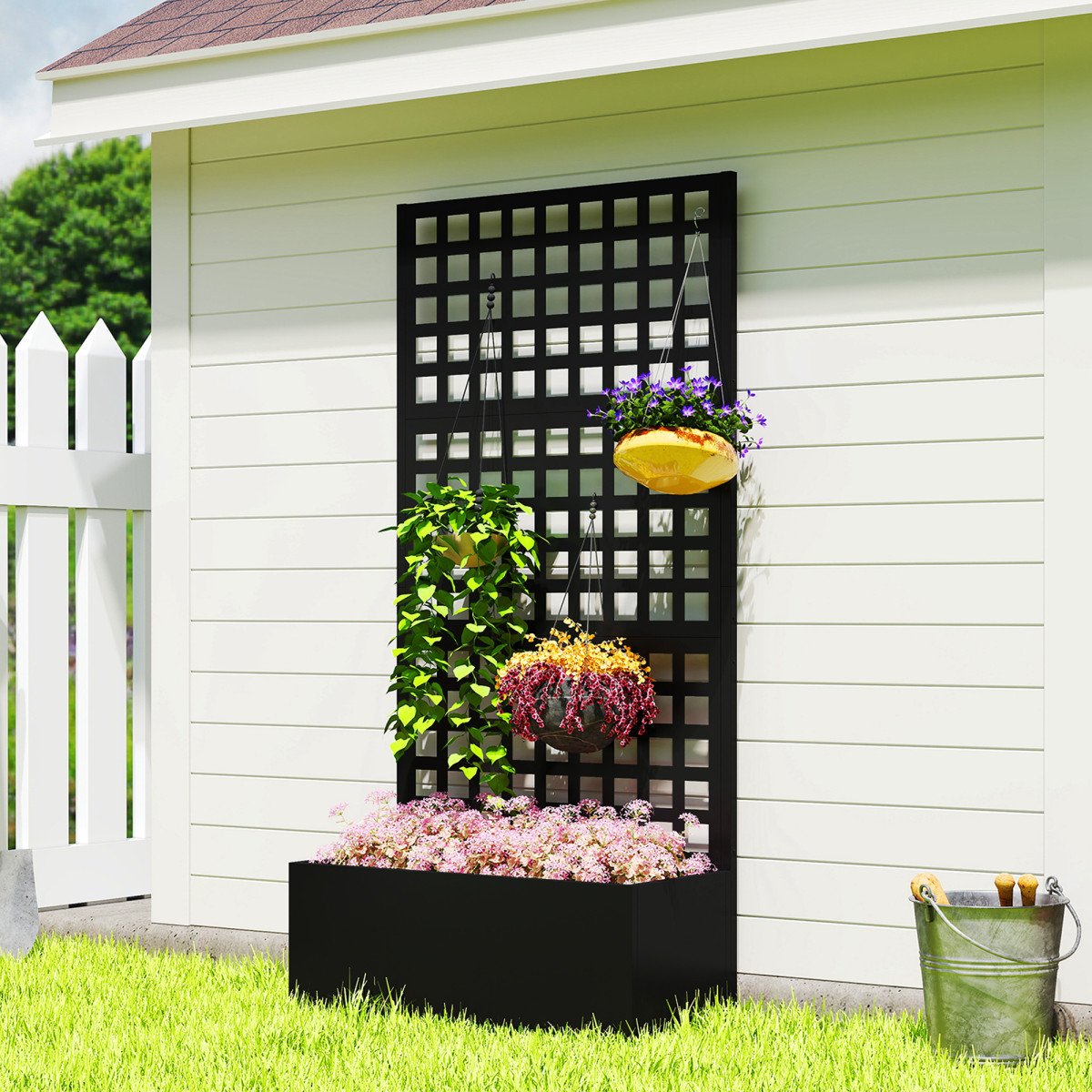 Galvanized Raised Garden Bed Planter Box with Trellis for Climbing Plants, Vegetable, Vines, 35" x 16" x 70", Black