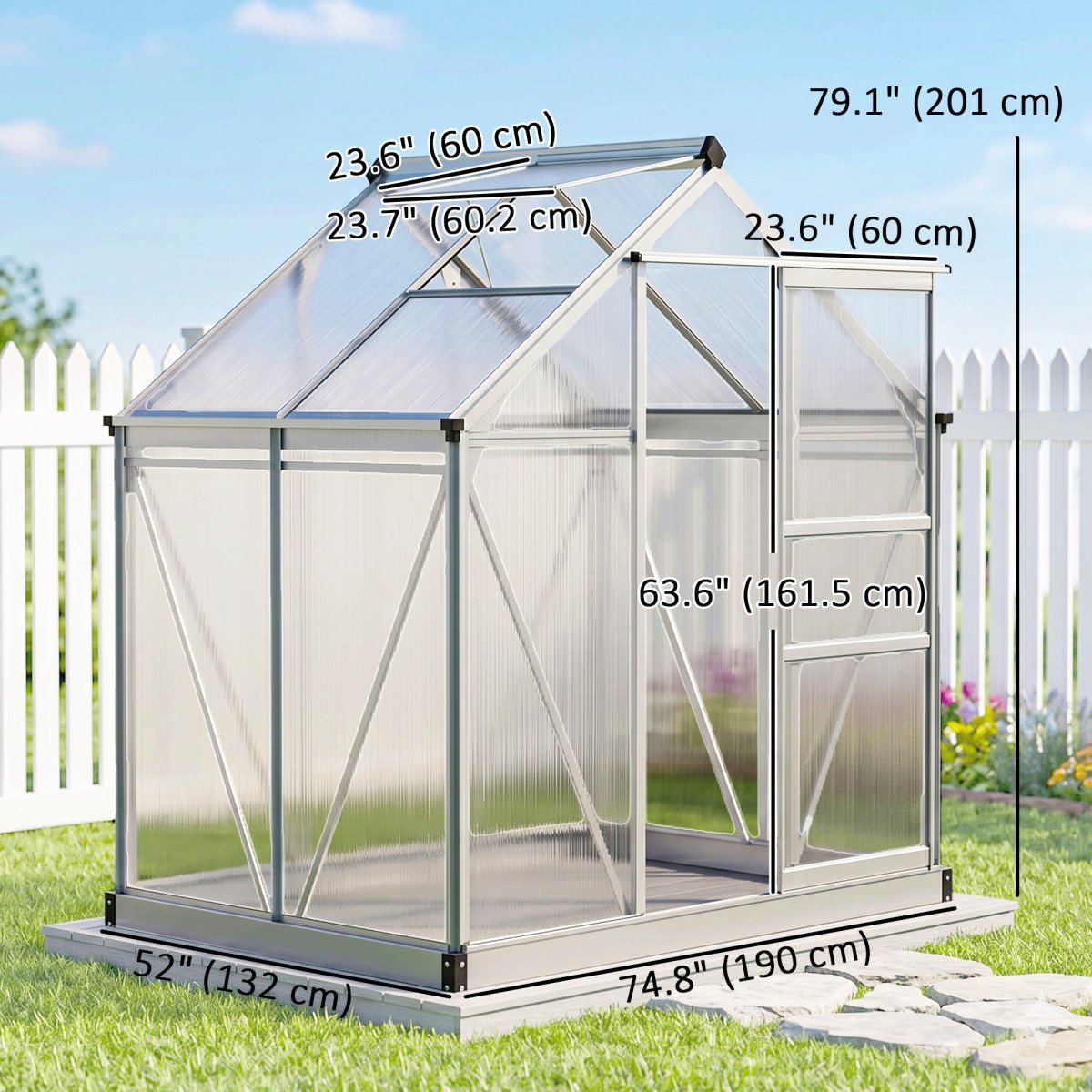 6' x 4' x 6.6' Polycarbonate Greenhouse, Walk-In Green House Kit Garden, Plants Grow, Galvanized Sheet Aluminum Frame with Rain Gutter, Vent and Sliding Door, Silver
