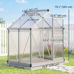 6' x 4' x 6.6' Polycarbonate Greenhouse, Walk-In Green House Kit Garden, Plants Grow, Galvanized Sheet Aluminum Frame with Rain Gutter, Vent and Sliding Door, Silver