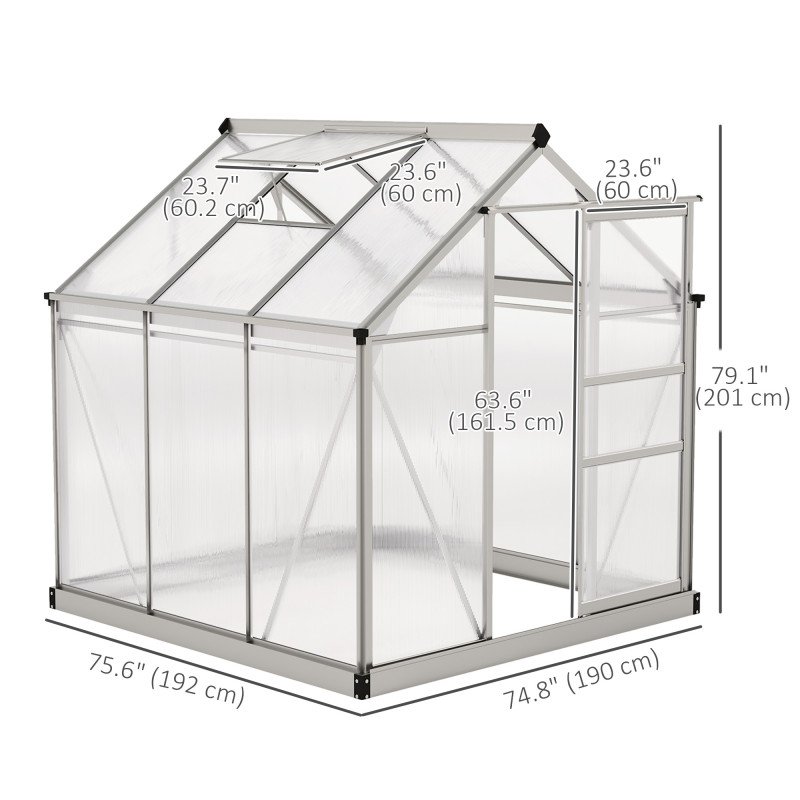6' x 6' x 6.6' Polycarbonate Greenhouse, Walk-In Green House Kit Garden, Plants Grow, Galvanized Sheet Aluminum Frame with Rain Gutter, Vent and Sliding Door, Silver