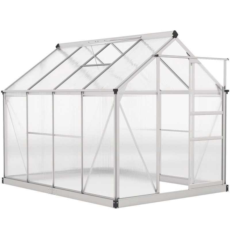 6' x 8' x 6.6' Polycarbonate Greenhouse, Walk-In Green House Kit Garden, Plants Grow, Galvanized Sheet Aluminum Frame with Rain Gutter, Vent and Sliding Door, Silver