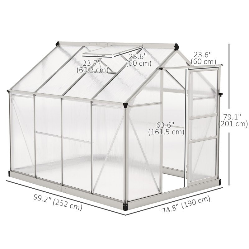 6' x 8' x 6.6' Polycarbonate Greenhouse, Walk-In Green House Kit Garden, Plants Grow, Galvanized Sheet Aluminum Frame with Rain Gutter, Vent and Sliding Door, Silver