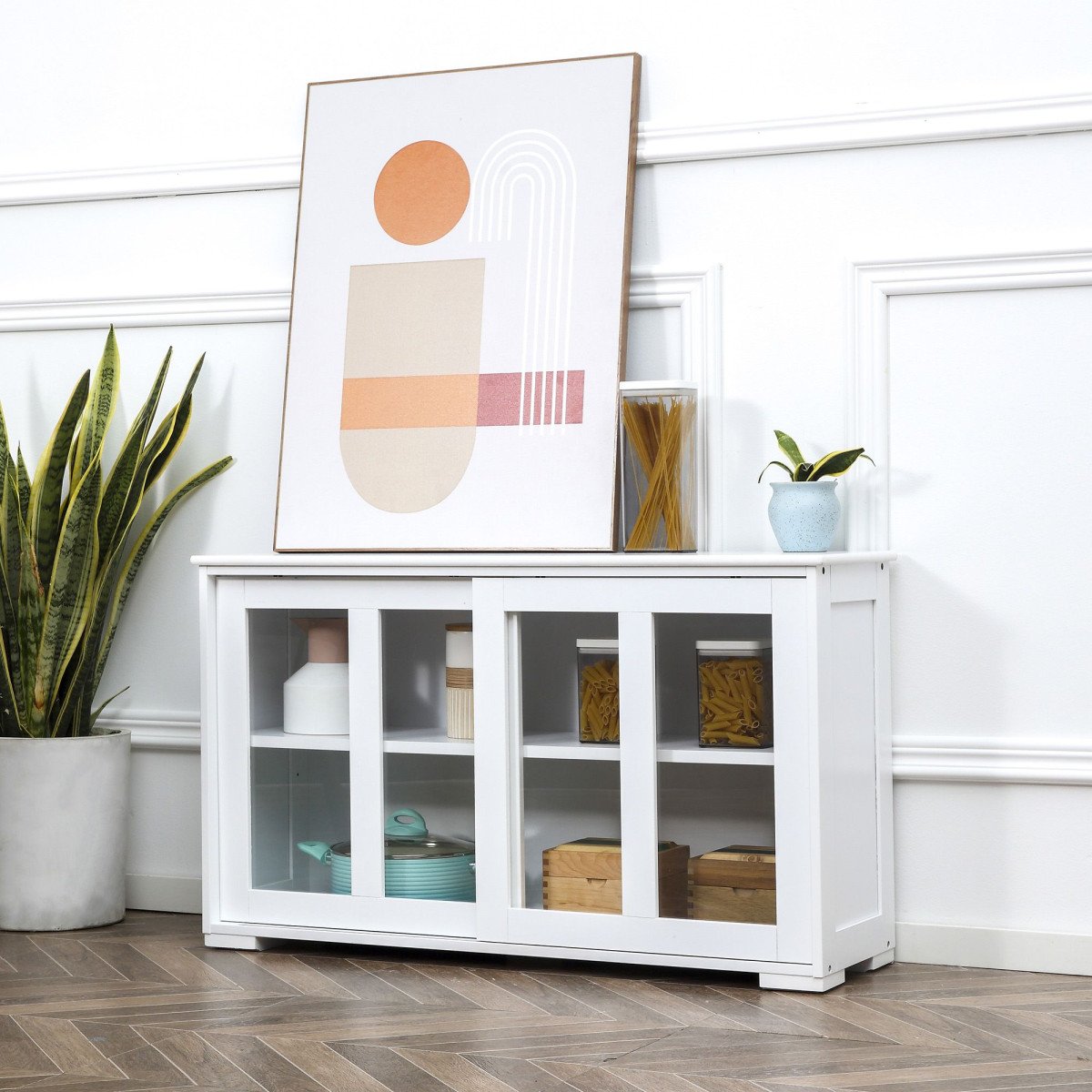 Modern Kitchen Sideboard, Stackable Storage Cabinet, Sliding Glass Door Console, Cupboard Serving Buffet for Kitchen & Dining Room, White