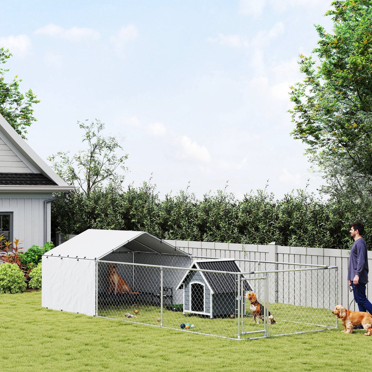 Galvanized Steel Dog Kennel Outdoor with Waterproof & UV-Resistant Cover for Large Dogs, 19.7' x 7.5' x 4.9'