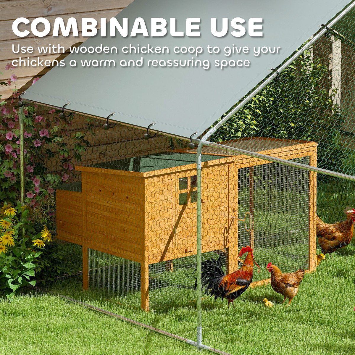 Metal Chicken Coop, 9.8 x 11.2 FT Walk-in Chicken Run with Cover, Lockable Door, Outdoor Poultry Cage for 10-15 Chickens