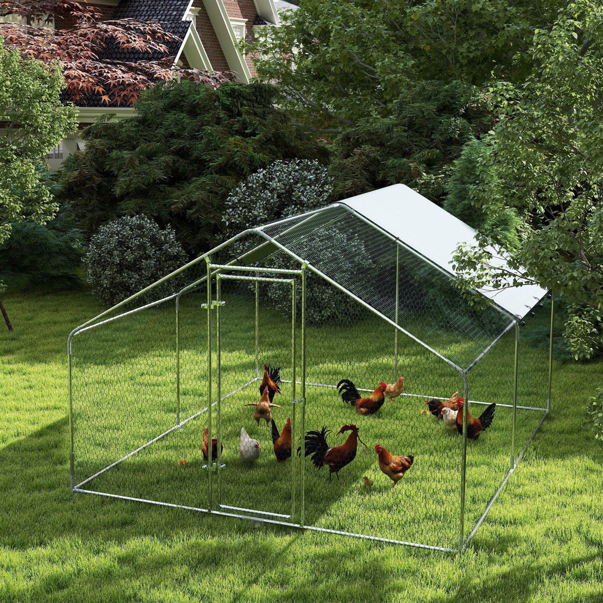 Metal Chicken Coop, 9.8 x 11.2 FT Walk-in Chicken Run with Cover, Lockable Door, Outdoor Poultry Cage for 10-15 Chickens