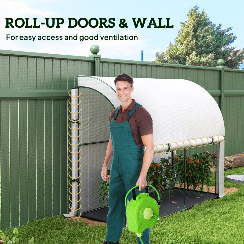 Walk-in Lean-to Greenhouse, Outdoor Gardening Green House with Zipper Roll-up Doors and Window, 7' x 3' x 5', White