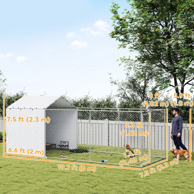 Galvanized Steel Dog Kennel Outdoor with Waterproof & UV-Resistant Cover for Large Dogs, 19.7' x 7.5' x 7.5'