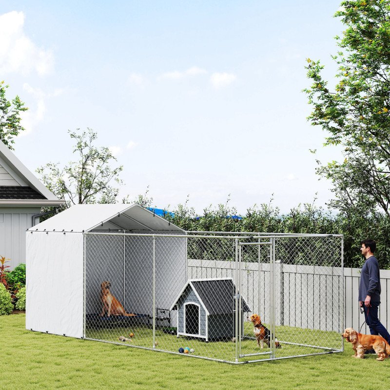 Galvanized Steel Dog Kennel Outdoor with Waterproof & UV-Resistant Cover for Large Dogs, 19.7' x 7.5' x 7.5'