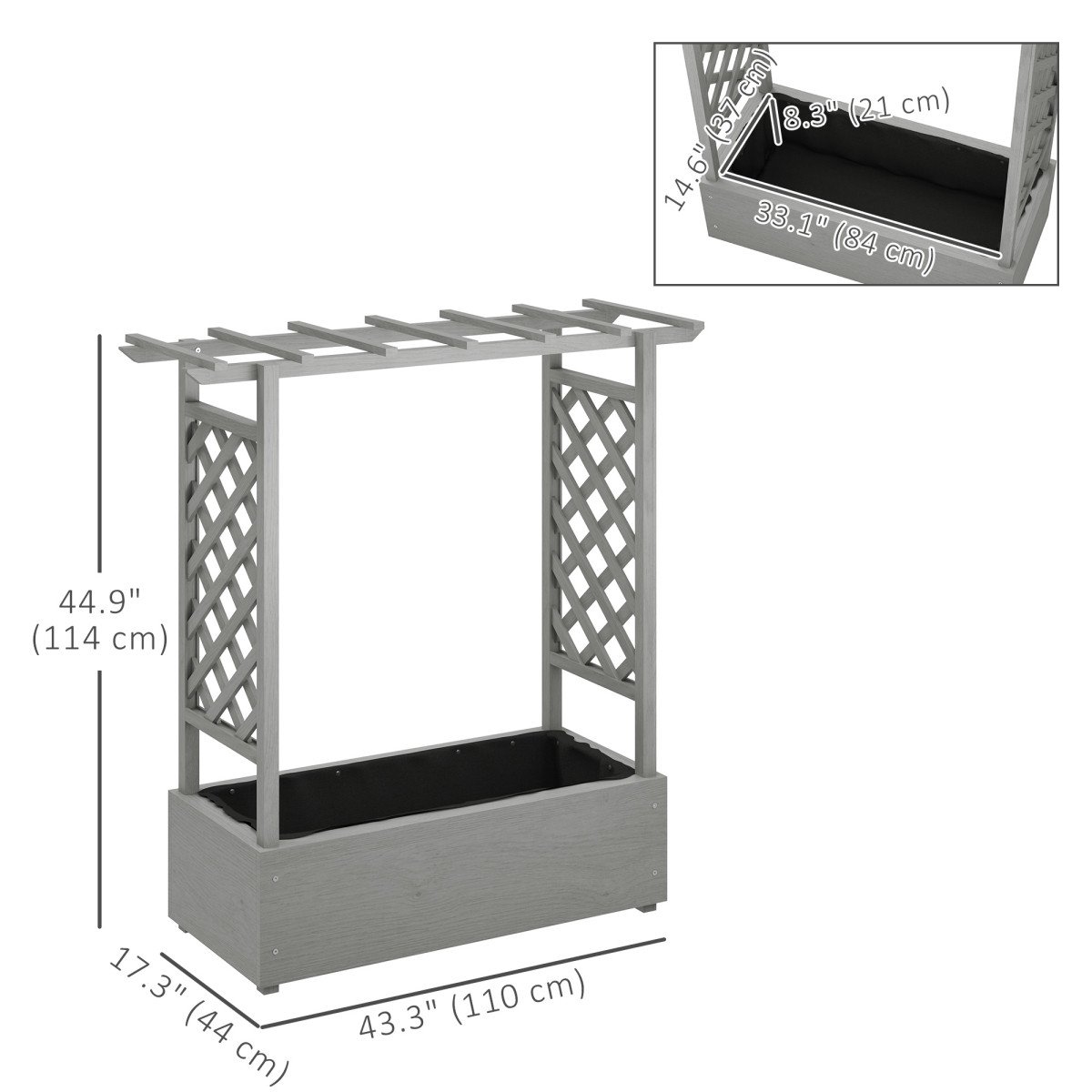 Wooden Raised Garden Bed with Trellis, Outdoor Planter Box with Hanging Roof, Drainage Holes and Bed Liner