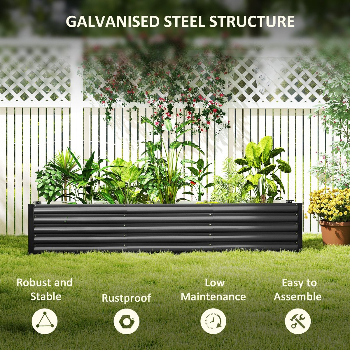 8 x 1.3 x 1.5ft Galvanized Raised Garden Bed, Reinforced Outdoor Planter Box with Open Bottom, Dark Grey