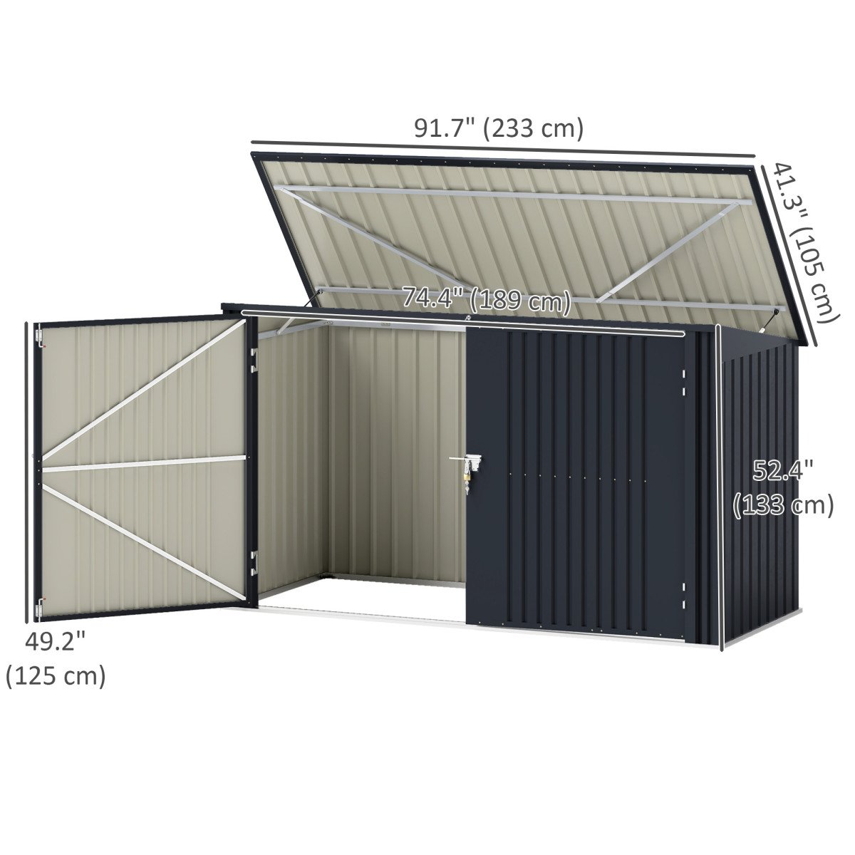 7.6 x 3.4ft Outdoor Storage Shed, Triple Garbage Bin Shed Organizer with Lockable Double Doors and Openable Lid