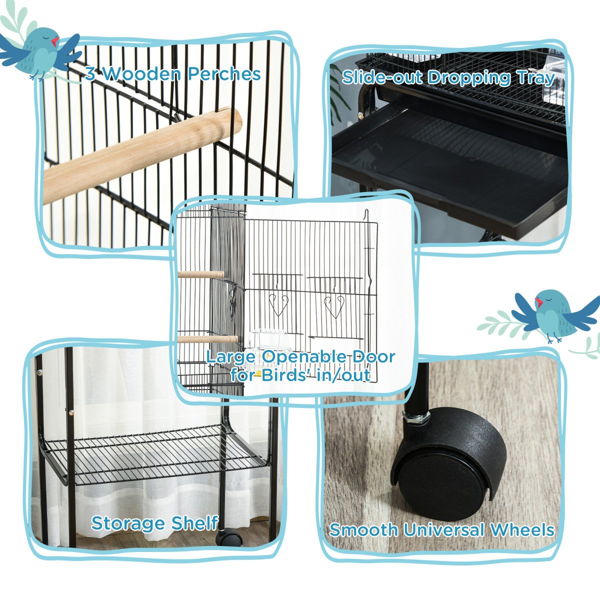 49" Rolling Bird Cage Cockatoo House Play Top Finch Pet Supply with Storage Shelf, Wheels - Black