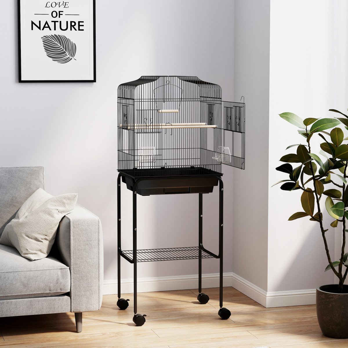 49" Rolling Bird Cage Cockatoo House Play Top Finch Pet Supply with Storage Shelf, Wheels - Black