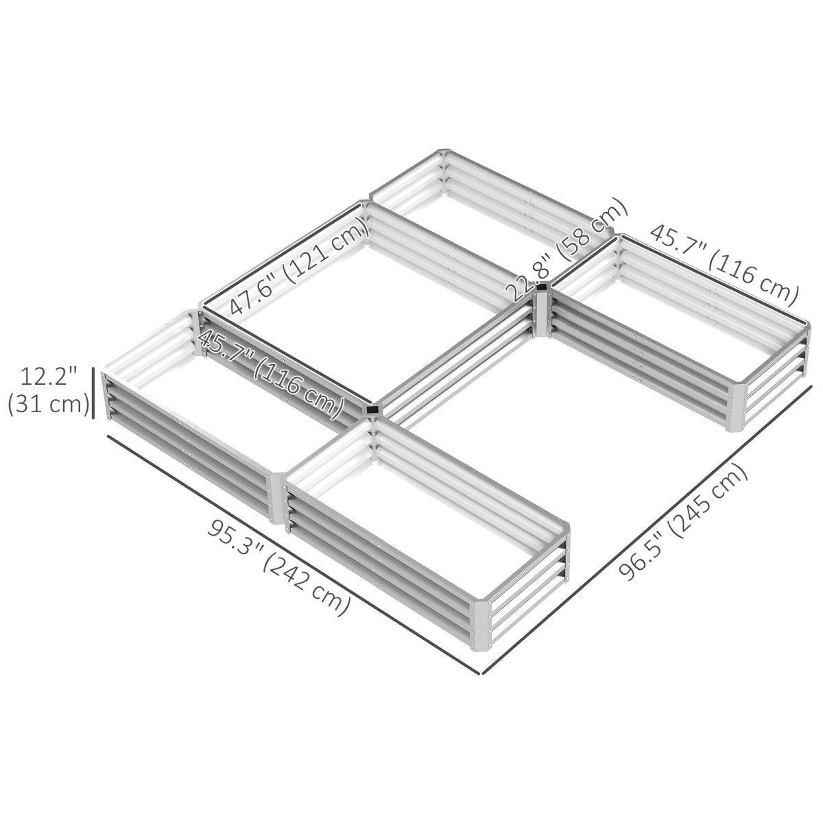 Steel Raised Garden Bed, Set of 5 Large Box Planters for Outdoor Plants Vegetables Flowers Herbs, 8x8x1ft, Silver