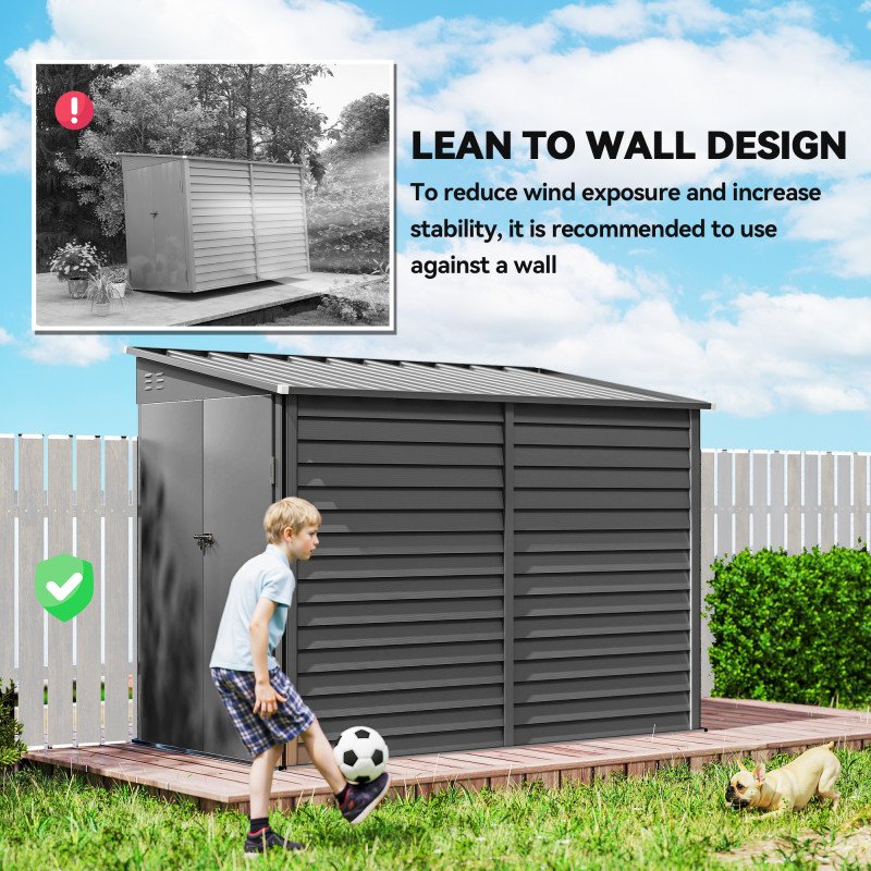 4.6' x 9' Steel Outdoor Storage Shed, Lean to Shed, Metal Tool House with Foundation Kit, Lockable Doors, Gloves and 2 Air Vents for Backyard, Patio, Lawn, Dark Grey