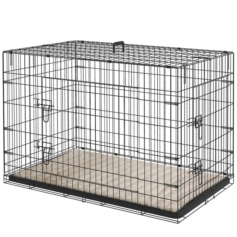 42" Dog Crate with 2 Doors, Folding Metal Dog Cage with Soft Cushion, Removable Tray, Handle, for Small Dogs, Black