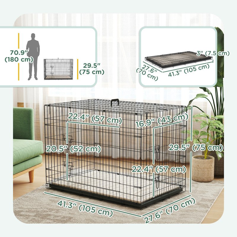 42" Dog Crate with 2 Doors, Folding Metal Dog Cage with Soft Cushion, Removable Tray, Handle, for Small Dogs, Black