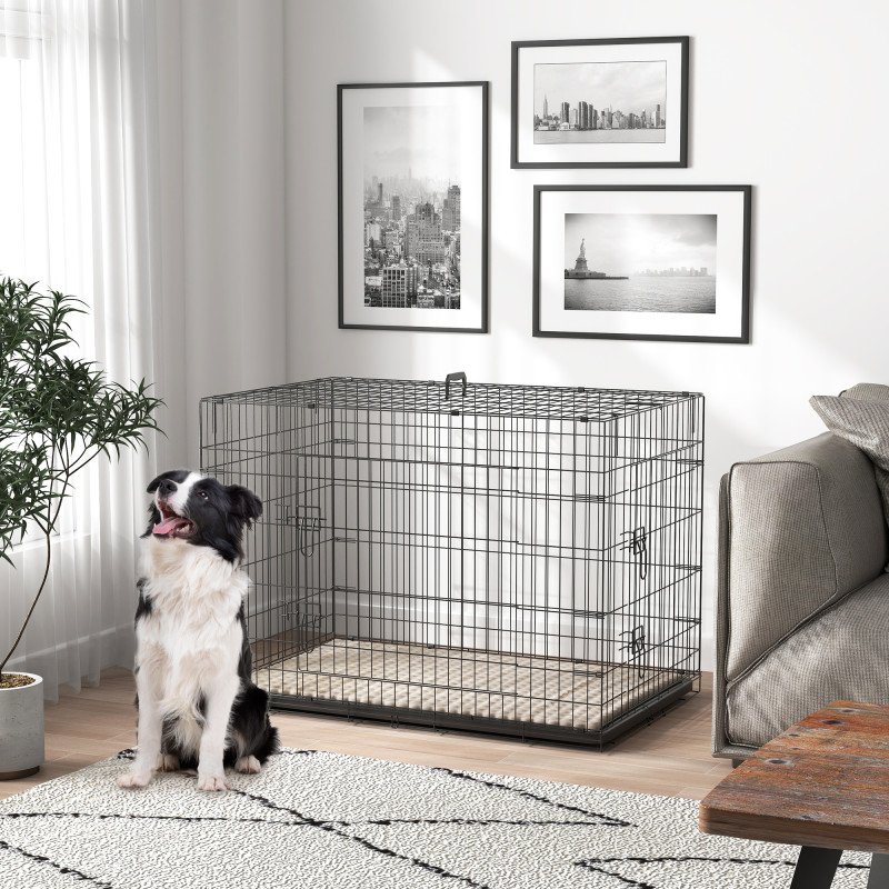 42" Dog Crate with 2 Doors, Folding Metal Dog Cage with Soft Cushion, Removable Tray, Handle, for Small Dogs, Black