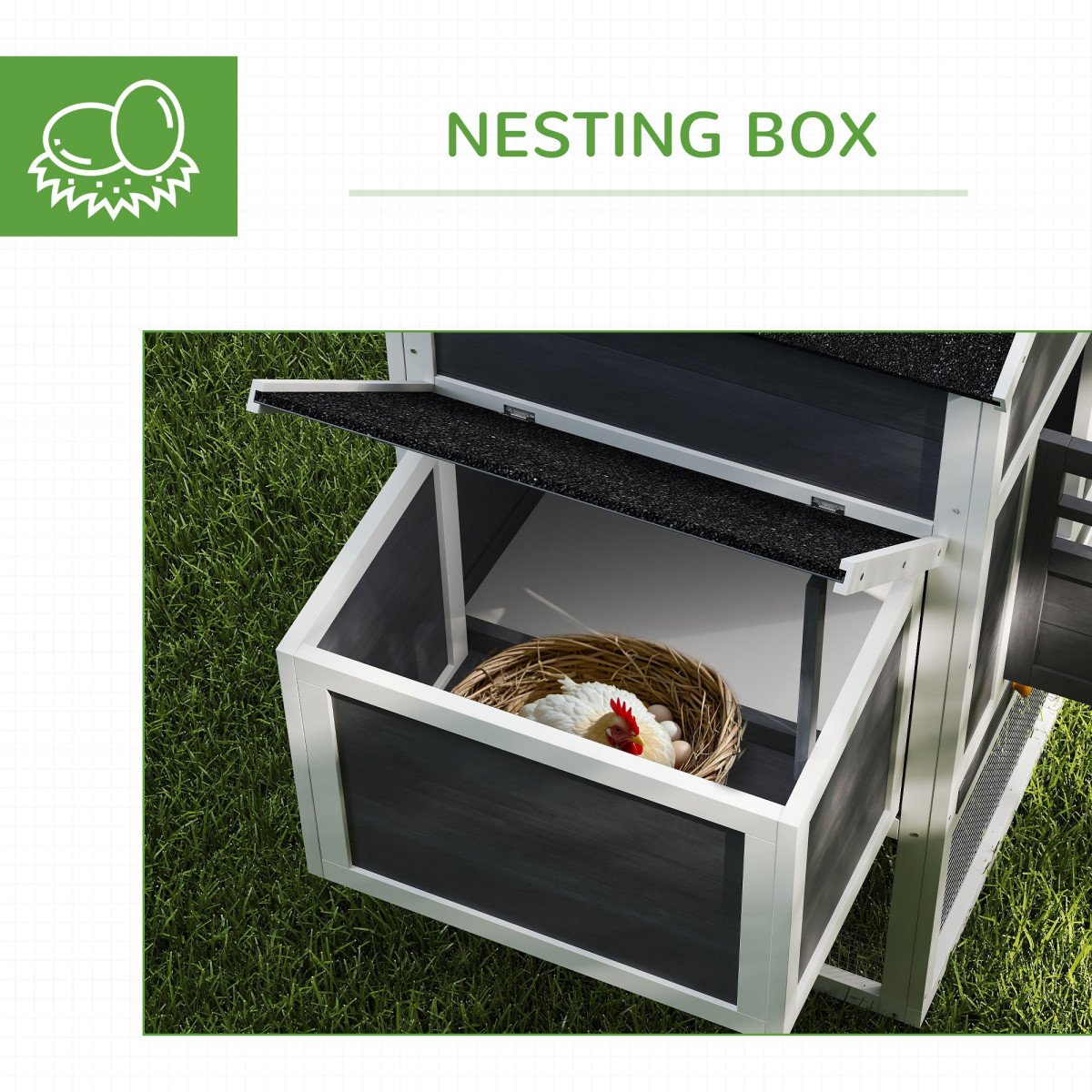 117" Extra Large Chicken Coop with Asphalt Roof, Wooden Hen House with Slide-out Tray, Quail Hutch with Nesting Box, Grey