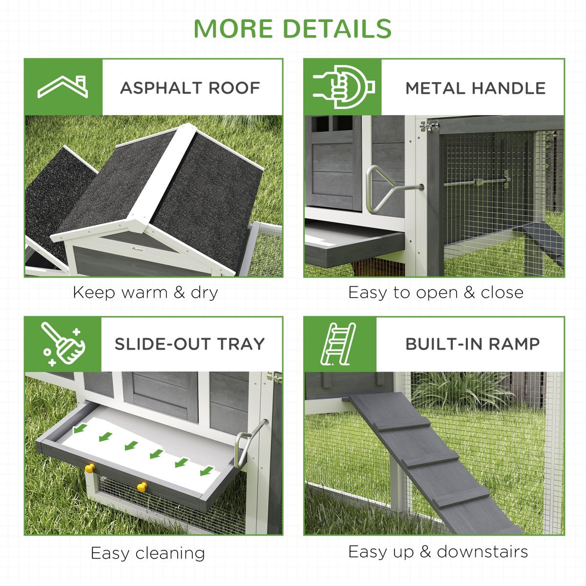 117" Extra Large Chicken Coop with Asphalt Roof, Wooden Hen House with Slide-out Tray, Quail Hutch with Nesting Box, Grey