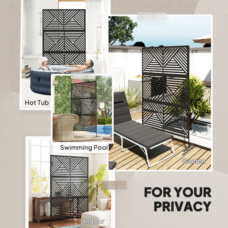 Metal Outdoor Privacy Screen, Freestanding Outdoor Divider with Stand, Decorative Privacy Panel, 78" x 48", Black