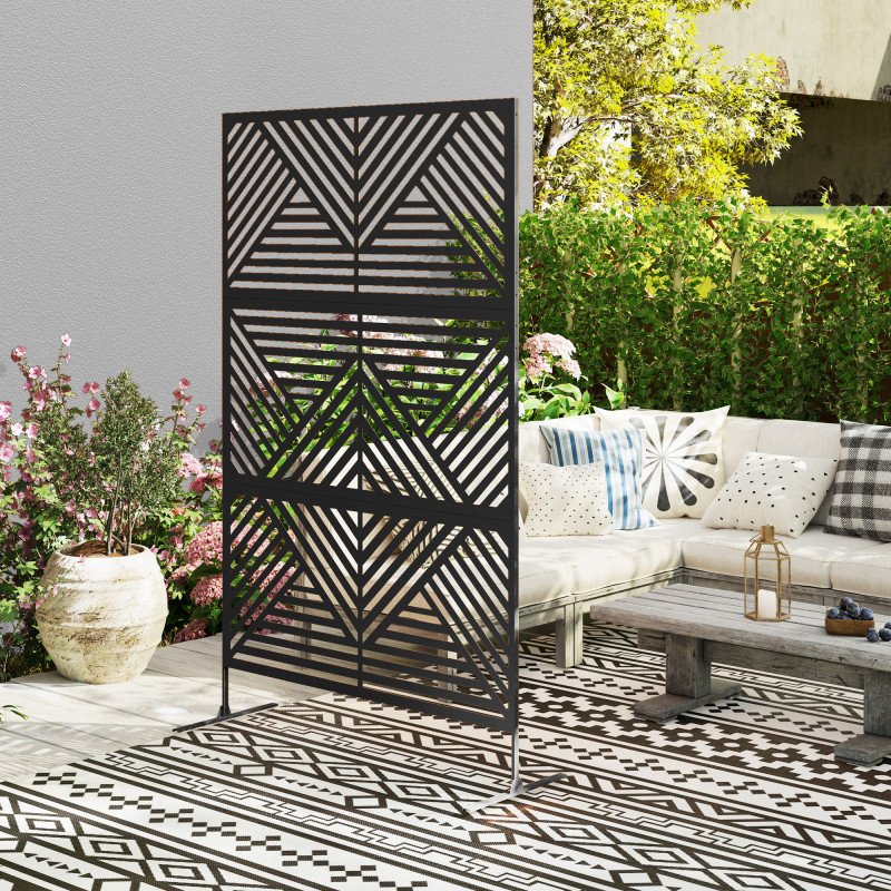 Metal Outdoor Privacy Screen, Freestanding Outdoor Divider with Stand, Decorative Privacy Panel, 78" x 48", Black