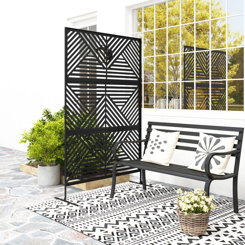 Metal Outdoor Privacy Screen, Freestanding Outdoor Divider with Stand, Decorative Privacy Panel, 78" x 48", Black