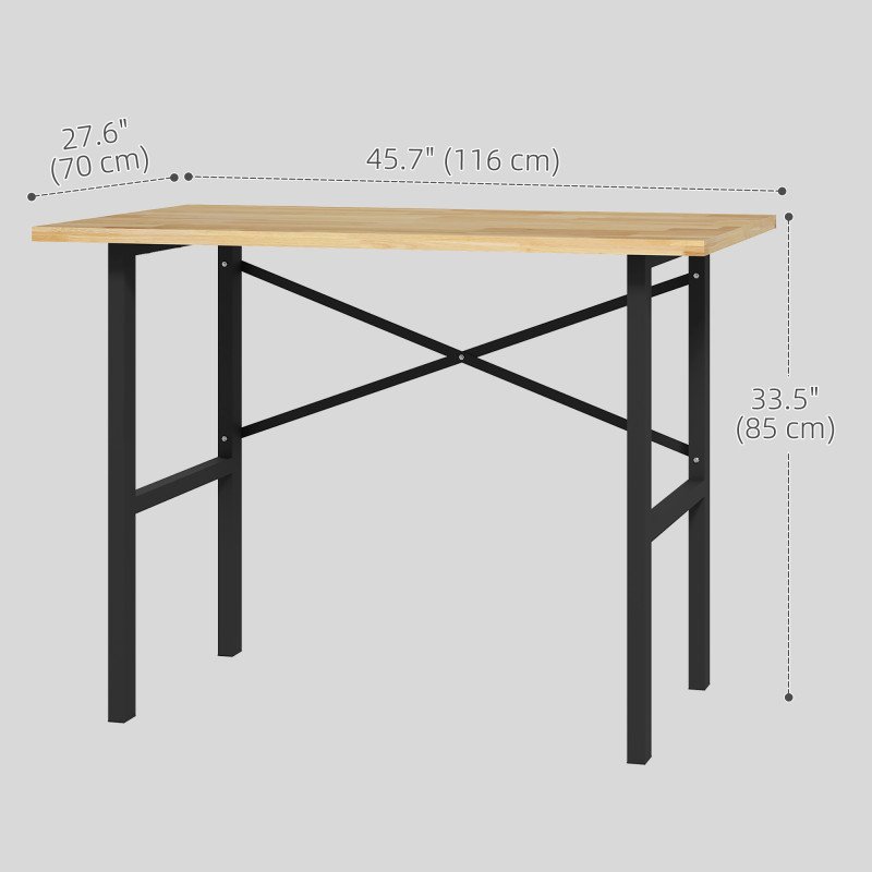 46" Work bench Table Oak Wood Top, Heavy-Duty Steel Work Table High Stability Workstation, Natural Wood