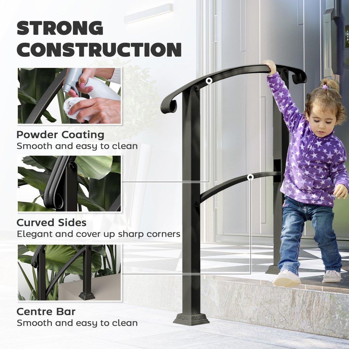1-3 Step Handrails for Outdoor Steps, Porch Deck Railing, Metal Outdoor Stair Railing with Installation Kit, Black