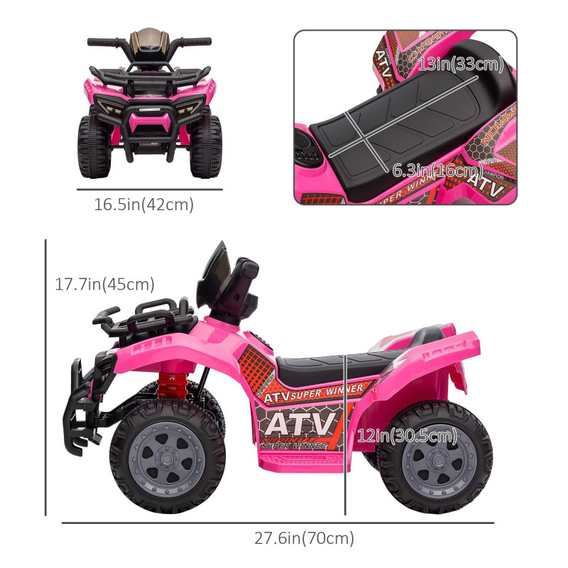 6V Kids ATV Quad, 4-Wheeler Battery-Powered Electric Ride-On Car with Music, Forward Drive, for Boys and Girls Ages 18–36 Months, Pink