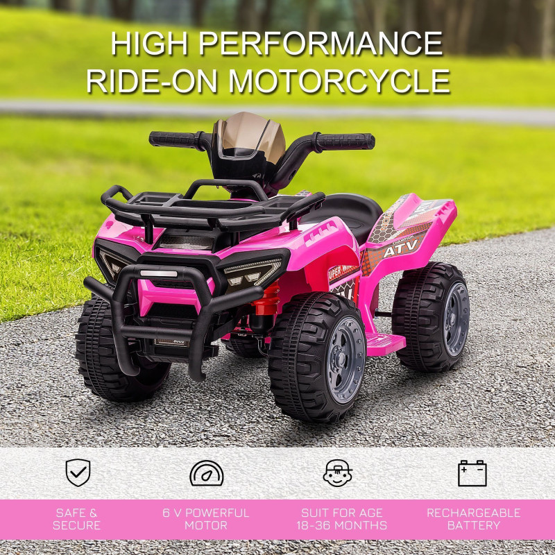 6V Kids ATV Quad, 4-Wheeler Battery-Powered Electric Ride-On Car with Music, Forward Drive, for Boys and Girls Ages 18–36 Months, Pink