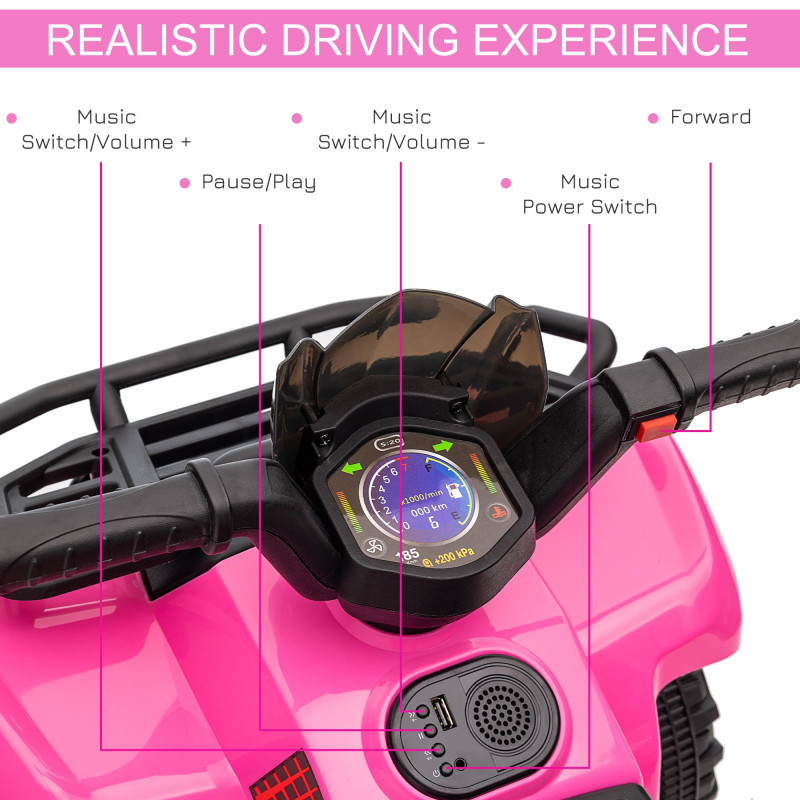 6V Kids ATV Quad, 4-Wheeler Battery-Powered Electric Ride-On Car with Music, Forward Drive, for Boys and Girls Ages 18–36 Months, Pink