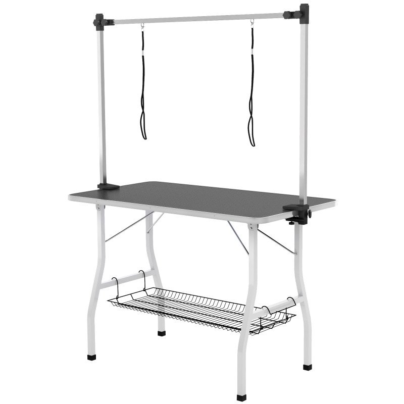 Foldable Dog Grooming Table with Adjustable Grooming Arms, Storage Shelf, Two Nooses, 42" x 24" x 61", Black