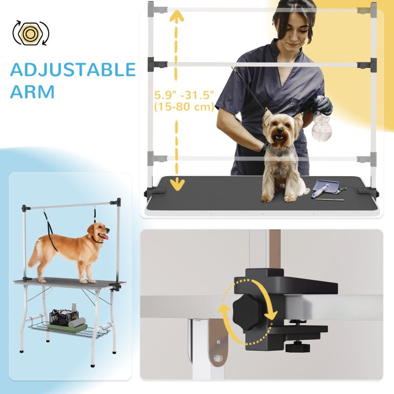 Foldable Dog Grooming Table with Adjustable Grooming Arms, Storage Shelf, Two Nooses, 42" x 24" x 61", Black