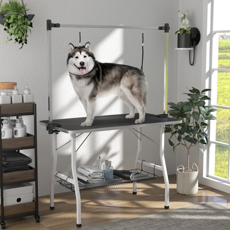 Foldable Dog Grooming Table with Adjustable Grooming Arms, Storage Shelf, Two Nooses, 42" x 24" x 61", Black