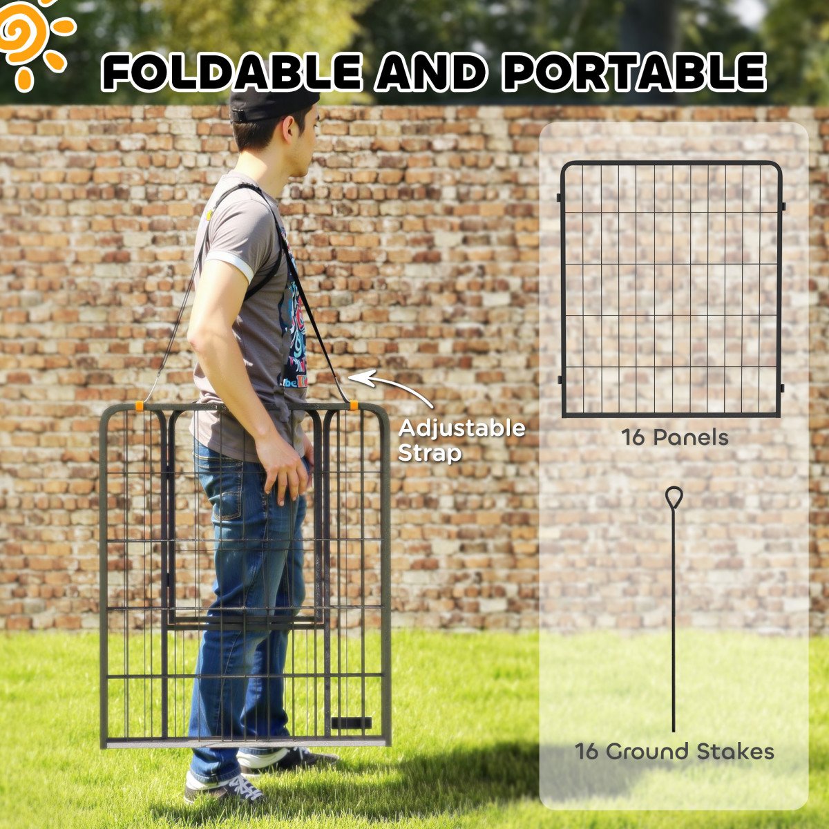 16 Panels Dog Playpen with Strap, Portable & DIY, for Medium Dogs, for Yard, RV, Camping, Garden, 31.5" H