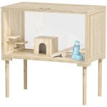 28"L Wooden Hamster Cage with Seesaw, Water Bottle, Food Dish, Hut, Transparent Panel for Easy Observe, Nature Wood
