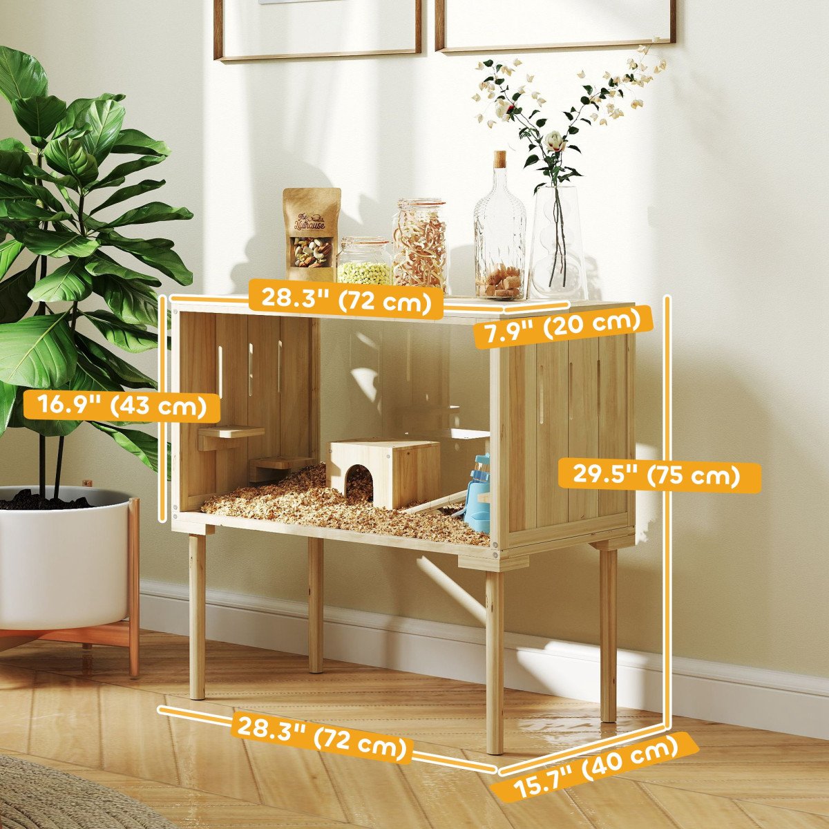 28"L Wooden Hamster Cage with Seesaw, Water Bottle, Food Dish, Hut, Transparent Panel for Easy Observe, Nature Wood