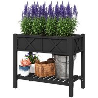 Wooden Raised Garden Bed, Elevated Planter Box with Storage Shelf, Drainage Holes and Liner, 34" x 18" x 30", Black