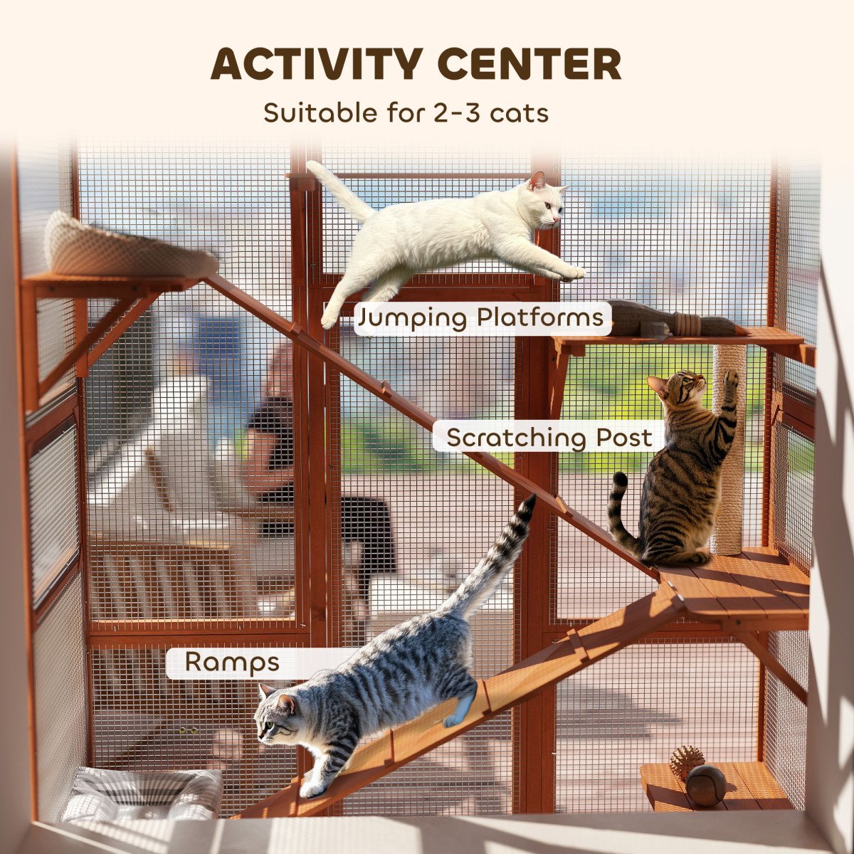 Large Outdoor Catio with 6 Jumping Platforms, Scratching Post, 2 Ramps, Waterproof Roof, Orange