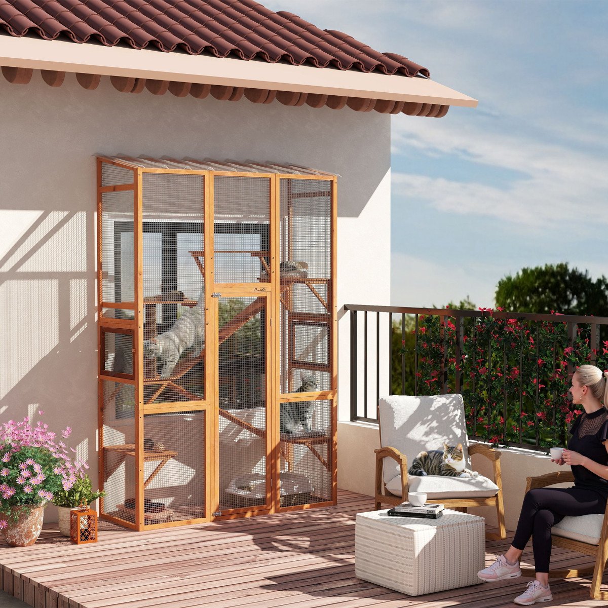 Large Outdoor Catio with 6 Jumping Platforms, Scratching Post, 2 Ramps, Waterproof Roof, Orange