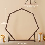 7FT Heptagon Wooden Wedding Arch with Triangular Base, Ground Stakes for Ceremony, Garden, Birthday, Brown