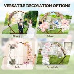 7FT Heptagon Wooden Wedding Arch with Triangular Base, Ground Stakes for Ceremony, Garden, Birthday, Brown