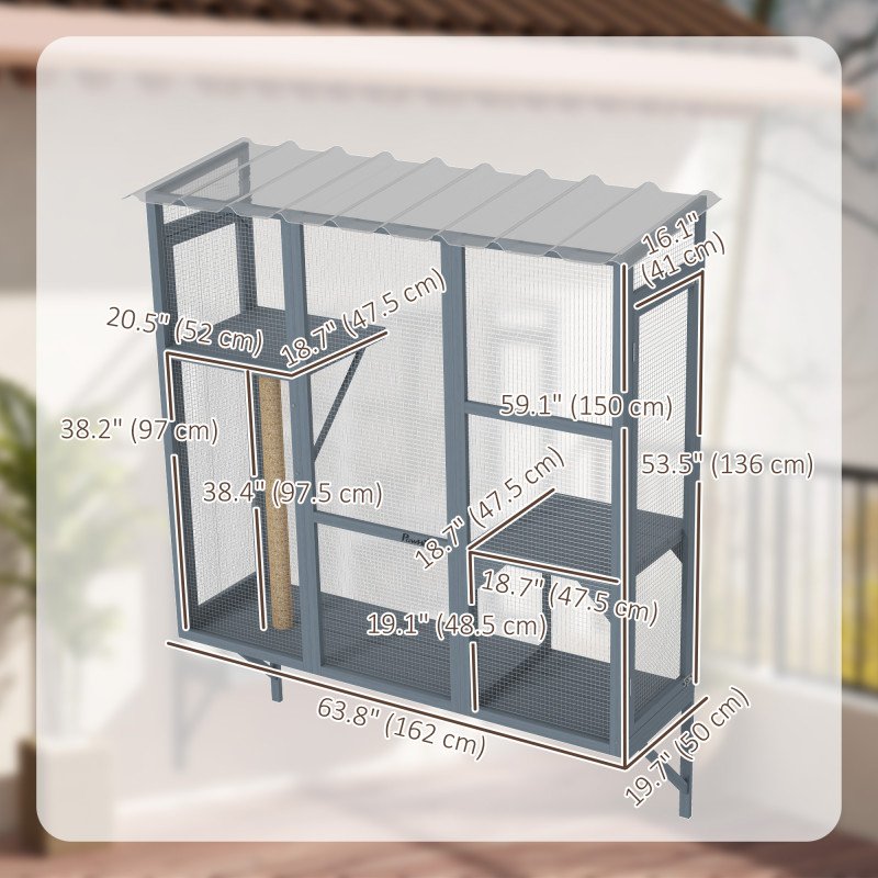 Wooden Catio Outdoor, Cat Window Box Enclosure for 2-3 Large Cats with 2 Jumping Platforms & Scratching Post, Grey
